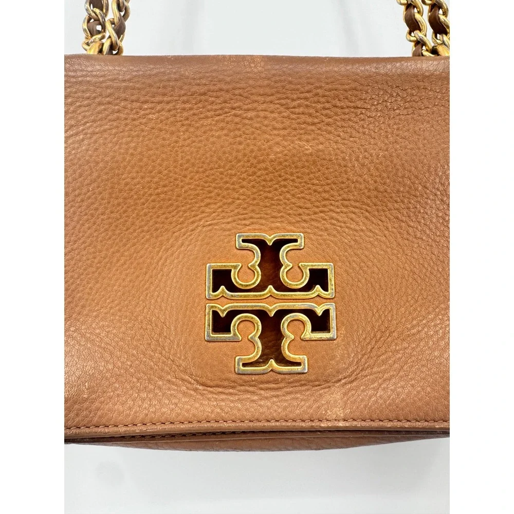 Tory Burch Shoulder Bag Womens Small Brown Leather Chain Strap Flap Logo
